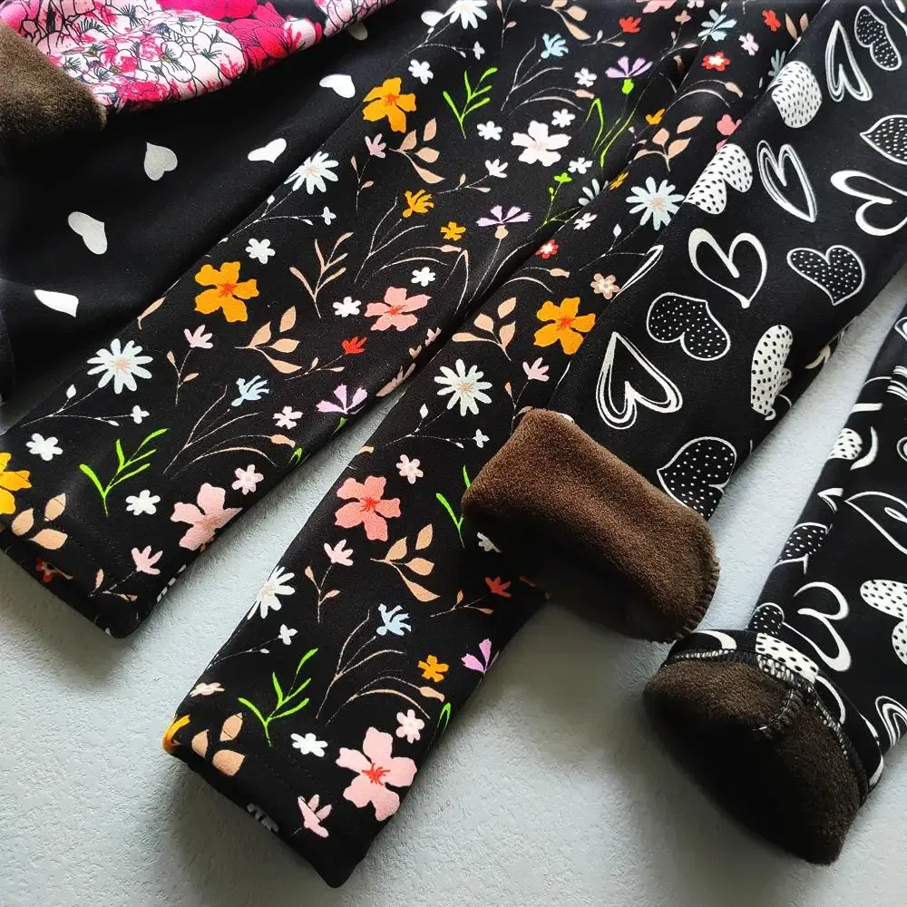 Color: Pink, Kid Size: 5 - Autumn Winter Print Flowers Thick Warm Kids Toddler Baby Girls Leggings Children's Pants