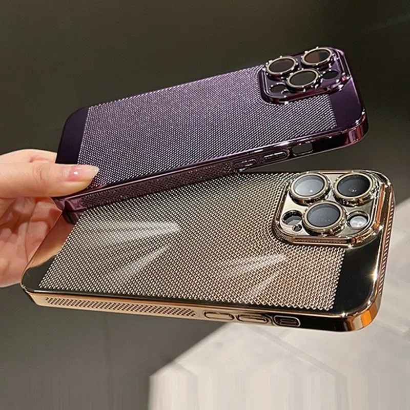 Color: PURPLE, Material: Polyester - Luxury Plating Hollowed Out Case for iPhone 12 13 Mini 11 14 Pro Max X XR Xs Max 7 8 Plus Heat Dissipation Shockproof Lens Cover