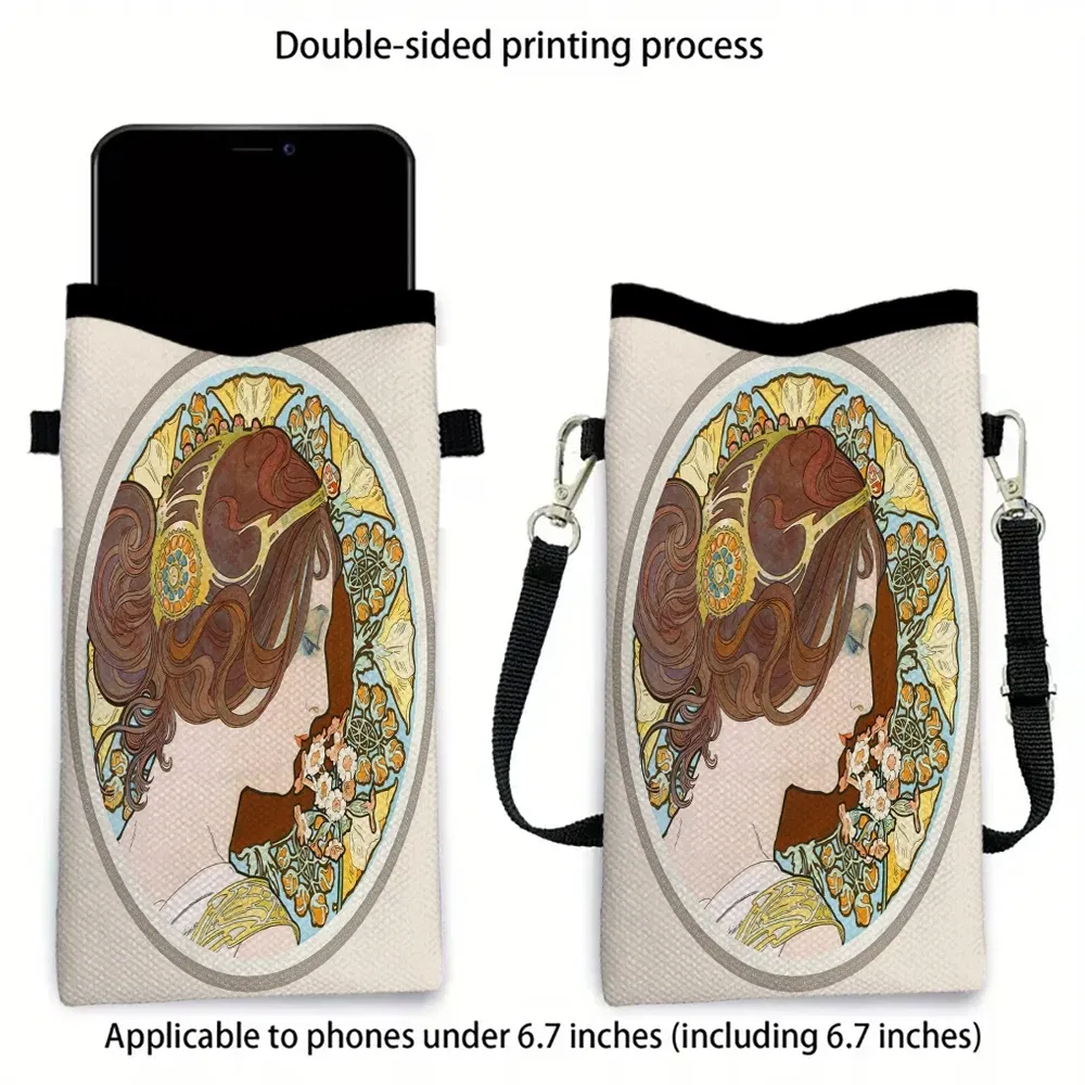 Color: Beige, Size: Extra Large - Alphonse Mucha Crossbody BagPrint Phone Wallet with Adjustable Shoulder Strap Unisex Design Daily Use, Travel,Gift 8.23