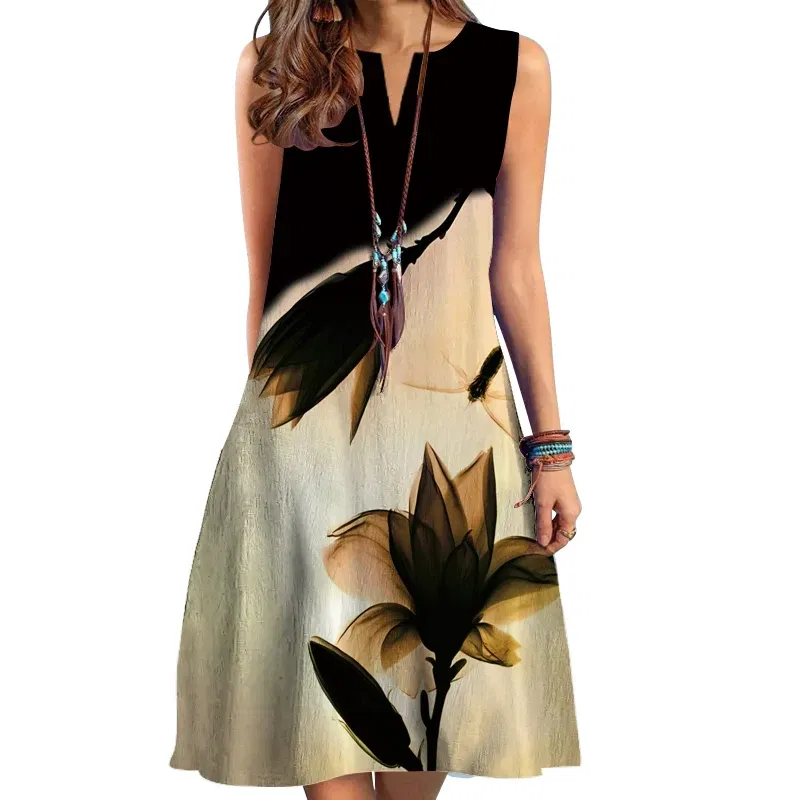 Size: L, Color: MULTI - 2024 European and American Cross-border WOMEN'S Clothing New Dress V-neck Sleeveless Sexy Printed Large Hem Medium Length Dress