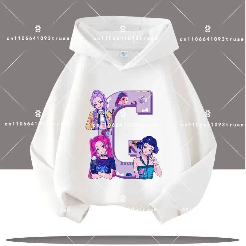 Color: GRAY, Kid Size: 8 - K-pop Demon Hunters Letter A-Z 3-12 Year Old Children Hooded Sweatshirt Girls' Casual Shirt Boys' Sports Shirt Cartoon Print