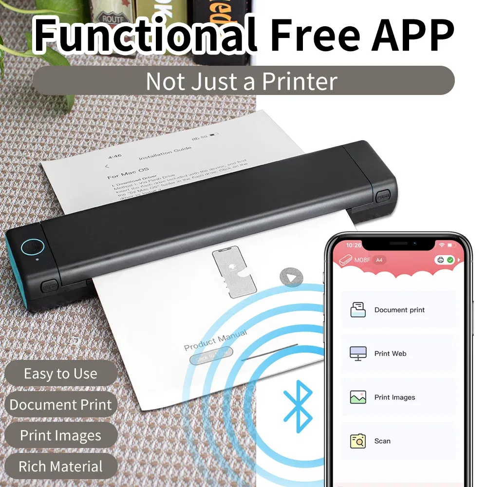 color: WHITE - Phomemo M08F A4 Portable Thermal Printer,Supports 8.26"x11.69" A4 Thermal Paper,Wireless Mobile Travel Printers for Car & Office