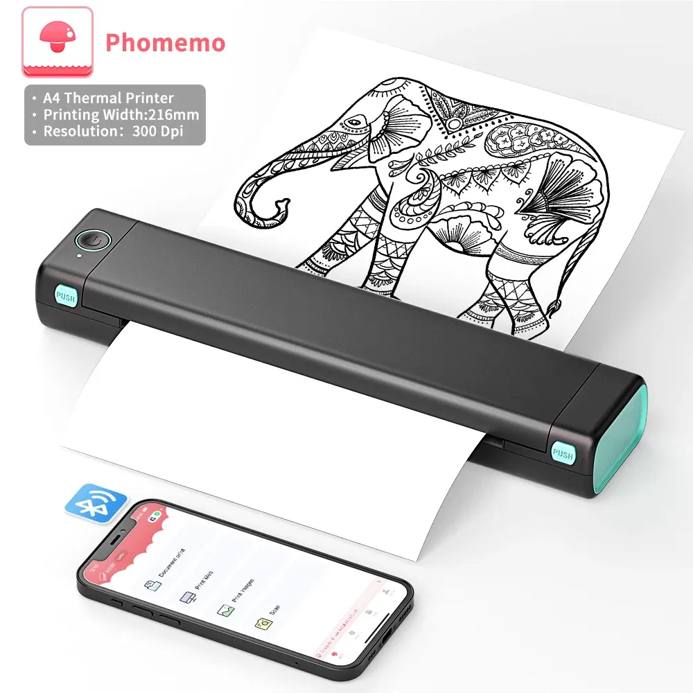 color: WHITE - Phomemo M08F A4 Portable Thermal Printer,Supports 8.26"x11.69" A4 Thermal Paper,Wireless Mobile Travel Printers for Car & Office