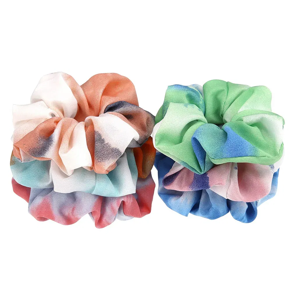 Color: Yellow - Korea Chiffon Scrunchies Tie-dye Hairband Girl Colorful Headband Elastic Hair Bands Women Girls Ponytail Holder Hair Accessories