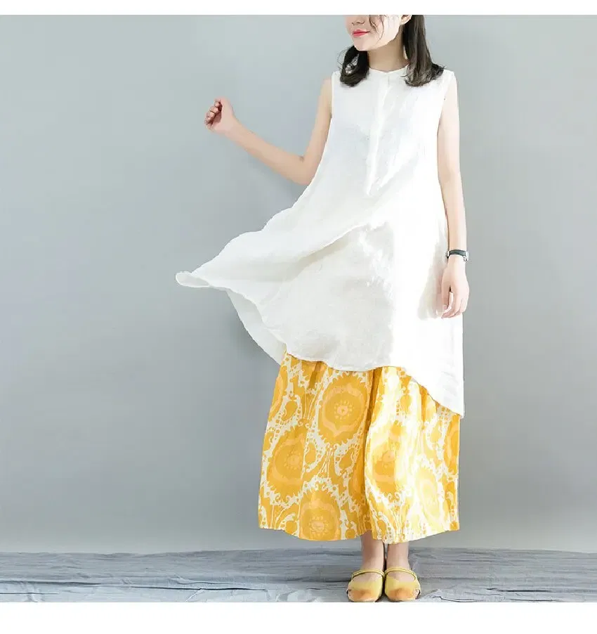 Size: L - Printed Loose Linen Wide Leg Pants Women's Nine-Point Pants Elastic Waist Casual Versatile Culottes Yellow