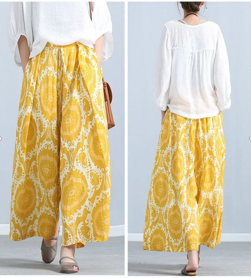 Size: L - Printed Loose Linen Wide Leg Pants Women's Nine-Point Pants Elastic Waist Casual Versatile Culottes Yellow
