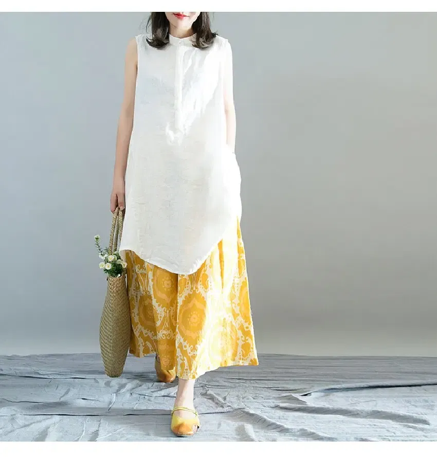 Size: L - Printed Loose Linen Wide Leg Pants Women's Nine-Point Pants Elastic Waist Casual Versatile Culottes Yellow