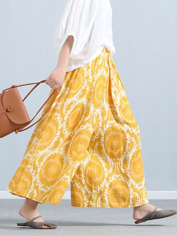 Size: L - Printed Loose Linen Wide Leg Pants Women's Nine-Point Pants Elastic Waist Casual Versatile Culottes Yellow