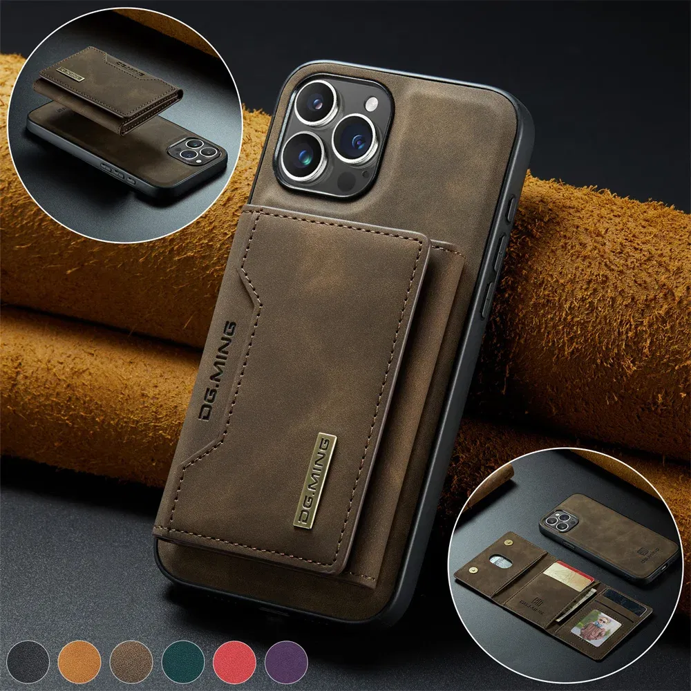 Color: Coffee, Material: PC - 2 In 1 Case For iPhone 16 15 14 13 12 11 Pro Max Plus XS Max XR 8 Plus SE 2022 Wallet Magnetic Leather Card Holder Pocket Cover
