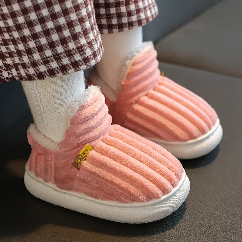 Color: GRAY, Shoe Size: 2.5 - New Winter Concise Stripe Plush Slippers Children's Non-slip Soft Sole Kids Boys Girls Heel Wrap Warm High Home Cotton Shoes