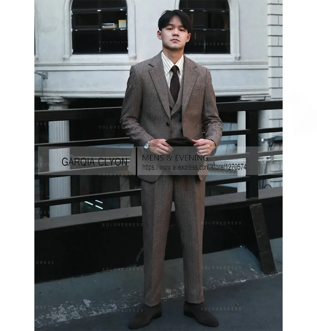 Color: black, Size: S - Tweed Herringbone 3 Pieces Herringbone Men's Business Suits Single Breasted Slim Fit Groom  Formal Suits?€Blazer+vest+Pants?‰