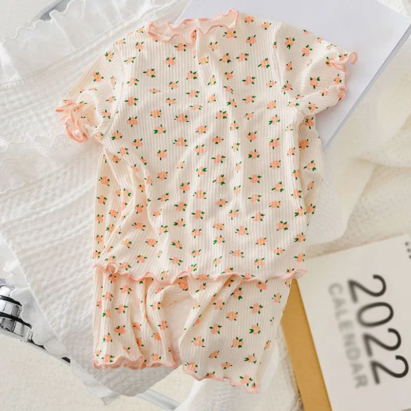 Color: Beige, Kid Size: 9 - Summer Printing Short-Sleeved Loungewear Suit Boys And Girls Pajamas Pants Two-Piece Set 2-6 Years Old Robe
