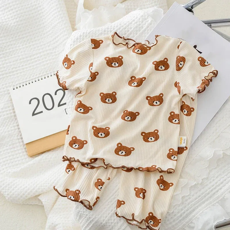 Color: Beige, Kid Size: 9 - Summer Printing Short-Sleeved Loungewear Suit Boys And Girls Pajamas Pants Two-Piece Set 2-6 Years Old Robe