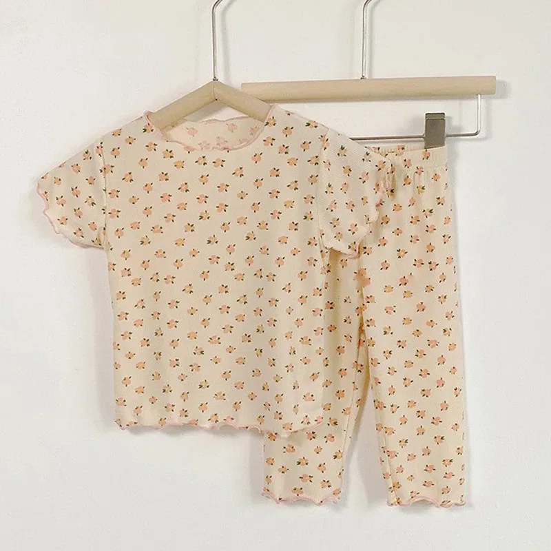 Color: Beige, Kid Size: 9 - Summer Printing Short-Sleeved Loungewear Suit Boys And Girls Pajamas Pants Two-Piece Set 2-6 Years Old Robe