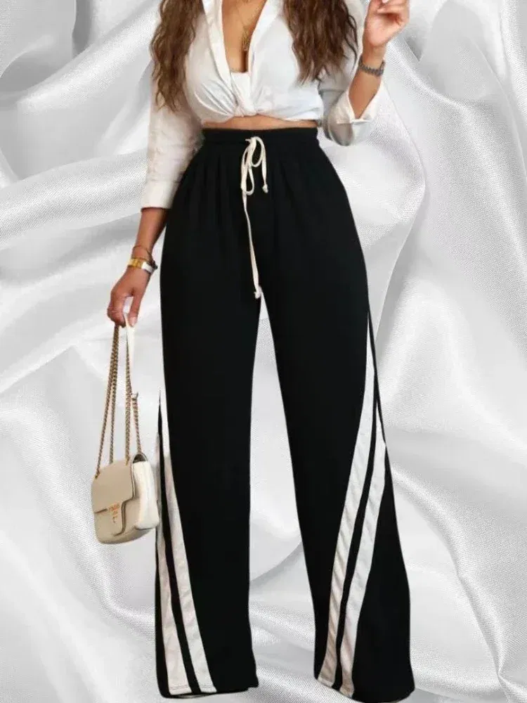 Color: GRAY, Size: L - Women Wide Leg Pant Long Pants High Elastic Waist Elegant Splice Pocket Simple Casual Loose Straight Trousers Lace Up Streetwear