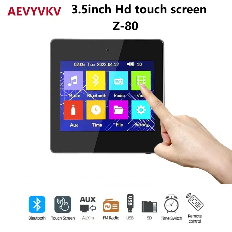 Color: Blue - Mini 3.5inch Touch Screen Wireless Bluetooth Smart Home Audio System Music Player 2 Channel FM Radio USB In Wall Amplifier