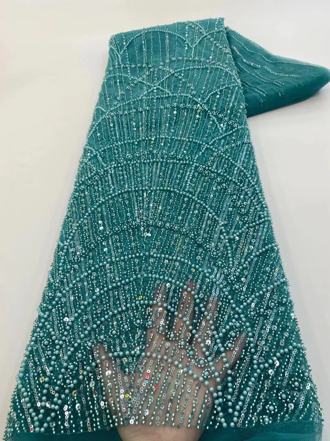 Color: green, Width: 120cm, Length: 5 yards - Wholesale African Sequins Lace Fabric French Embroidery High Quality Luxury Heavy Beaded Bridal Wedding Lace 5 yards