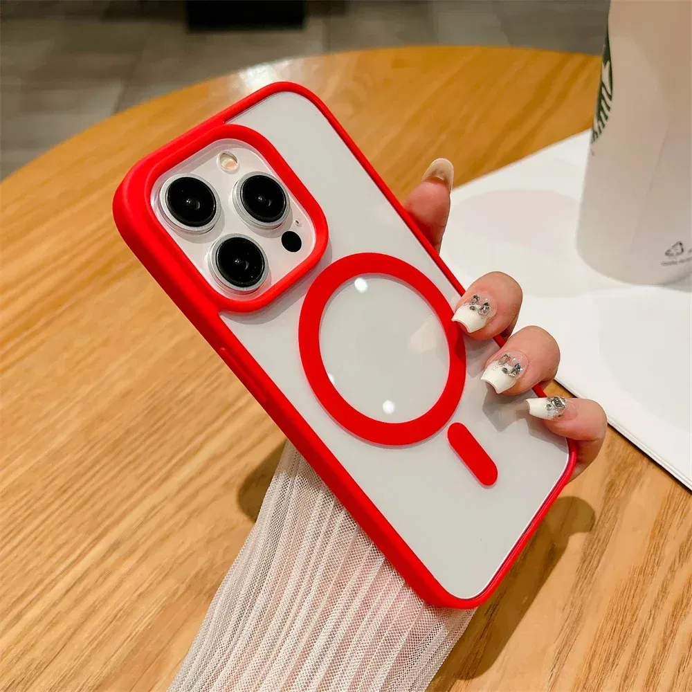 Color: Red, Material: Artificial Leather - Luxury Shockproof Magsafe Wireless Charge Case for iPhone 17 Air 16 15 14 Plus 13 12 Mini 11 Pro Max Clear Magnetic Bumper Cover
