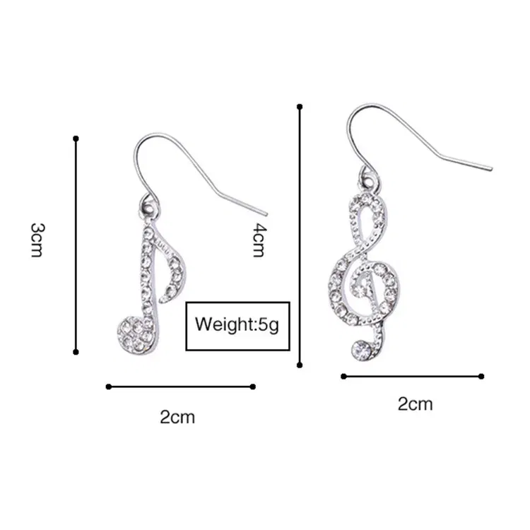 Asymmetric Personality Trendy Music Notes Ear Hook Crystal Silver Color Rhinestone Earring  Women Accessory Lady Dangle Earrings