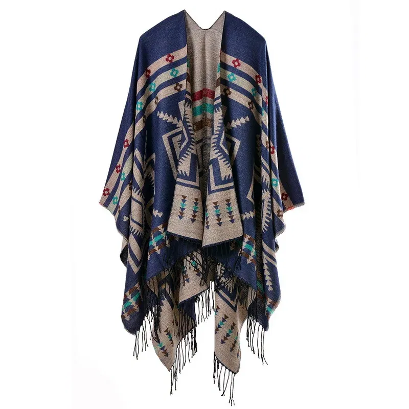 Color: Pink, Size: One Size - European American Popular Tassel Thickened Cashmere Like National Style Travel Fork Shawl Scarf in autumn Ponchos Capes P9