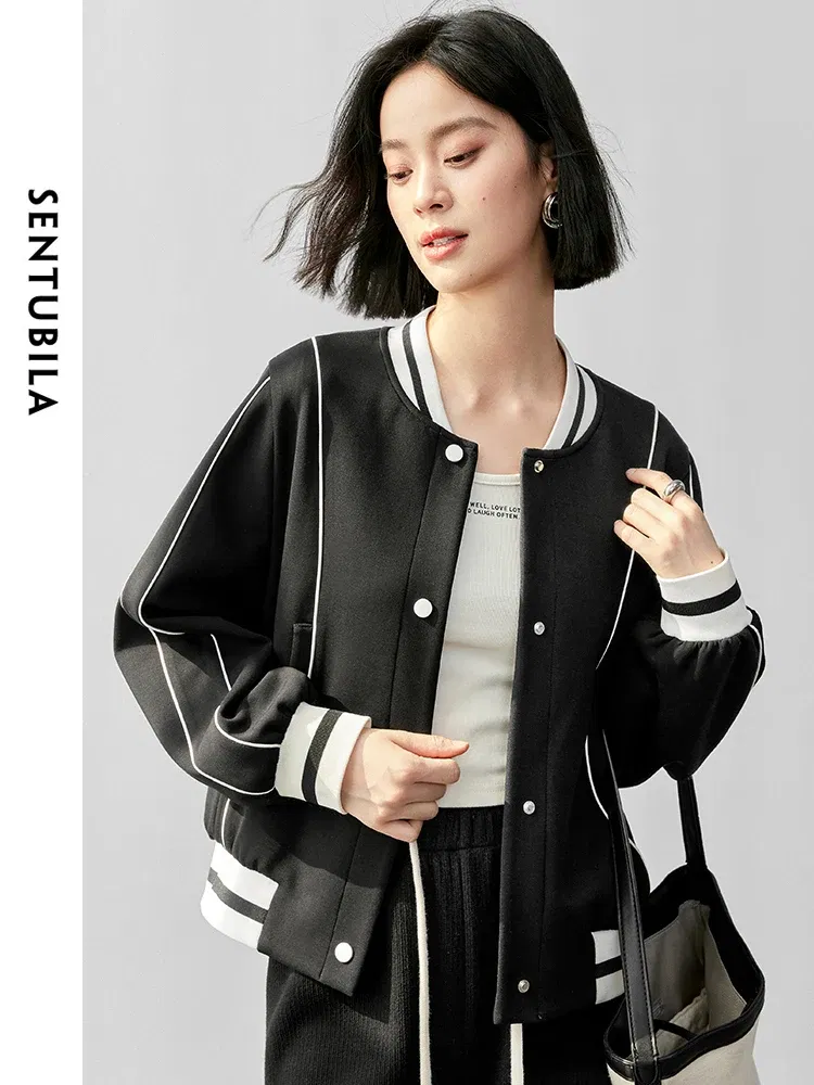 SENTUBILA Women Sporty Cotton Baseball Jackets 2024 Autumn Casual Loose Patchwork Single Breasted Coat 143W55948