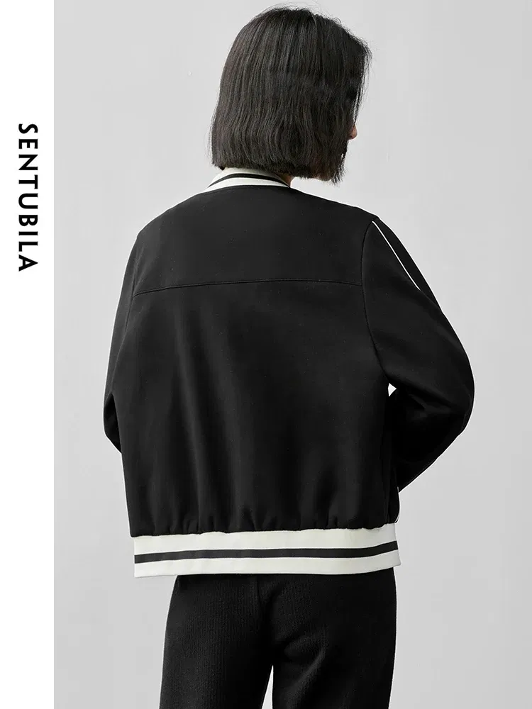 SENTUBILA Women Sporty Cotton Baseball Jackets 2024 Autumn Casual Loose Patchwork Single Breasted Coat 143W55948