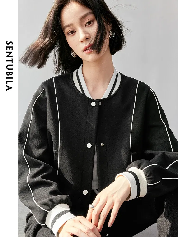 SENTUBILA Women Sporty Cotton Baseball Jackets 2024 Autumn Casual Loose Patchwork Single Breasted Coat 143W55948