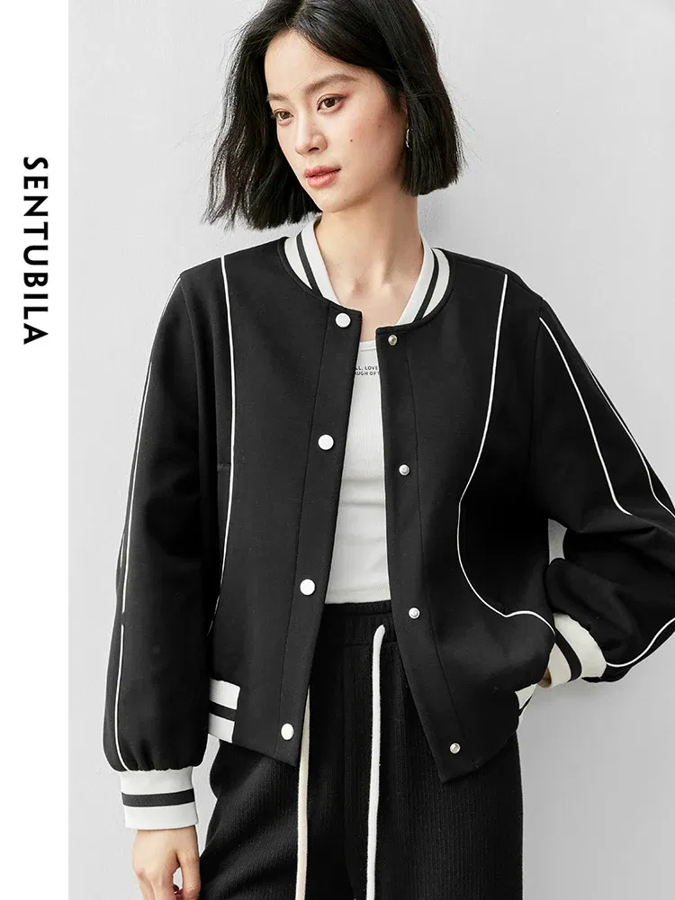 SENTUBILA Women Sporty Cotton Baseball Jackets 2024 Autumn Casual Loose Patchwork Single Breasted Coat 143W55948