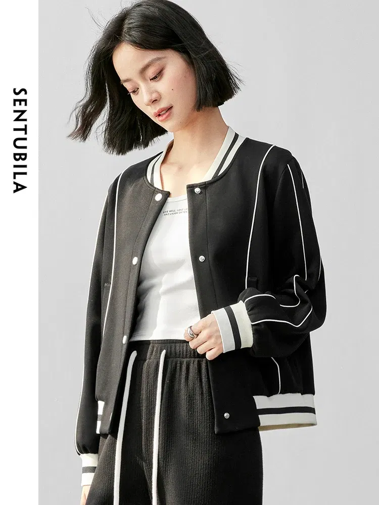 SENTUBILA Women Sporty Cotton Baseball Jackets 2024 Autumn Casual Loose Patchwork Single Breasted Coat 143W55948
