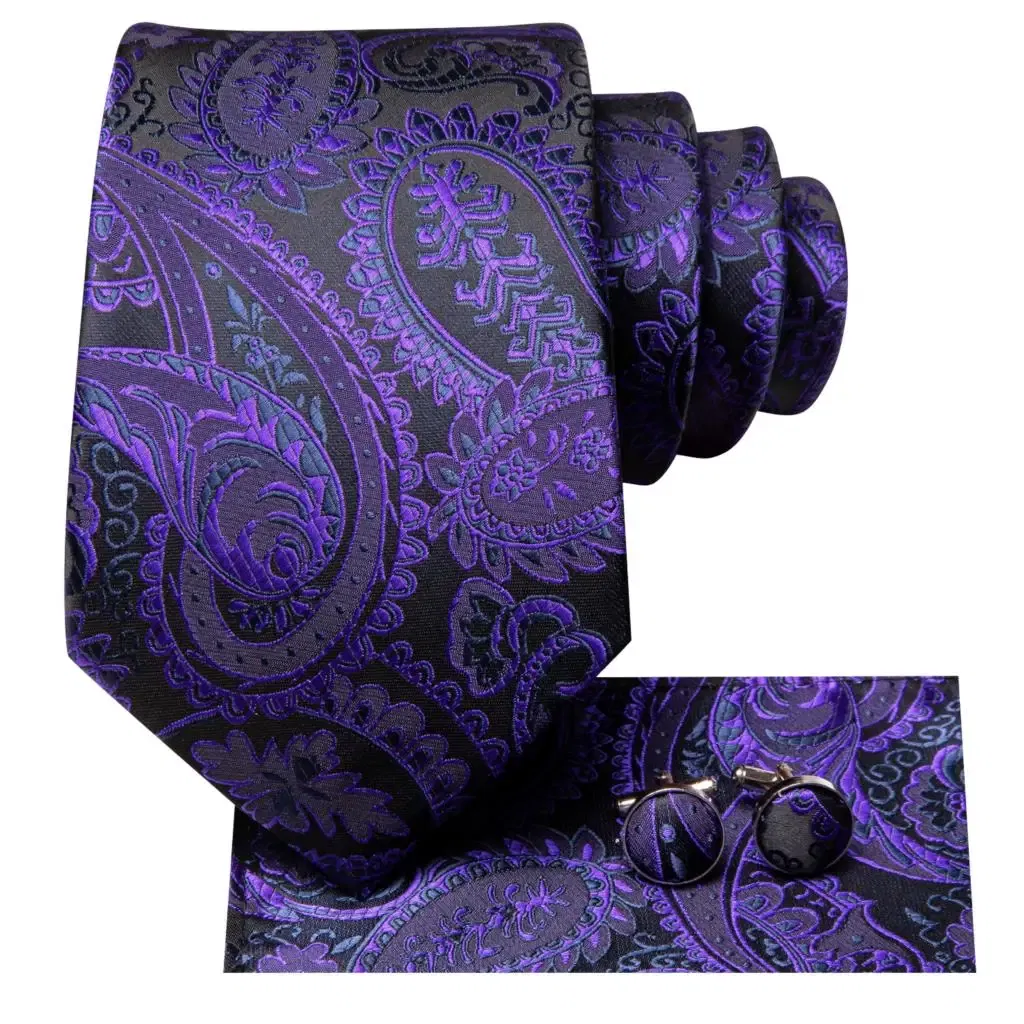 Color: Light Grey - Hi-Tie Purple Paisley Silk Elegent Tie for Men Novelty Design Handky cufflink Tie Set Party Business Wedding Dropshipping