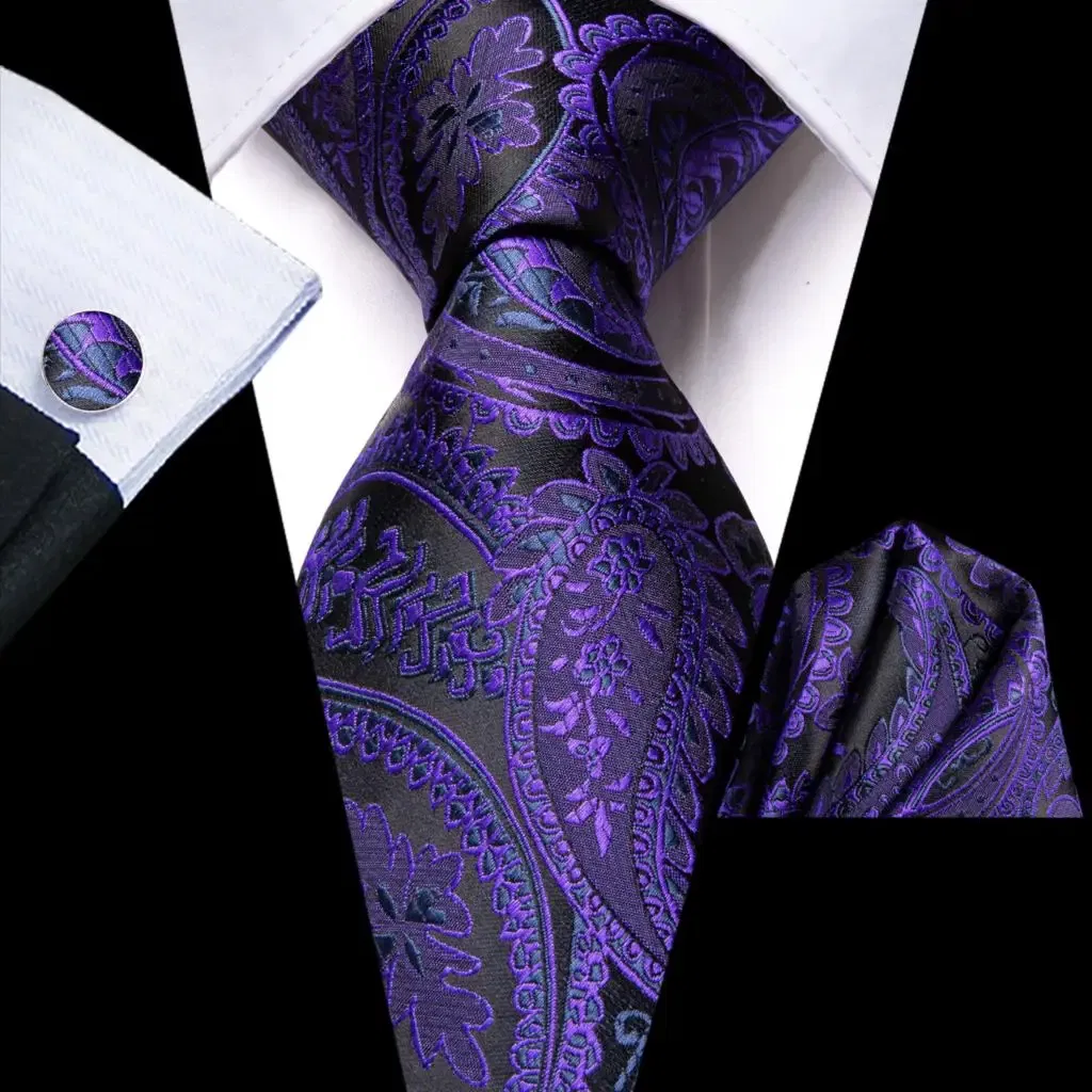 Color: Light Grey - Hi-Tie Purple Paisley Silk Elegent Tie for Men Novelty Design Handky cufflink Tie Set Party Business Wedding Dropshipping