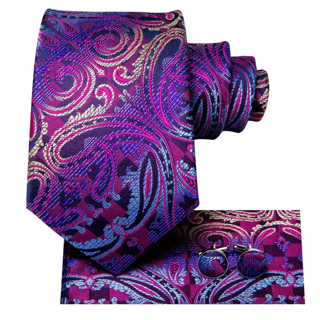 Color: Light Grey - Hi-Tie Purple Paisley Silk Elegent Tie for Men Novelty Design Handky cufflink Tie Set Party Business Wedding Dropshipping