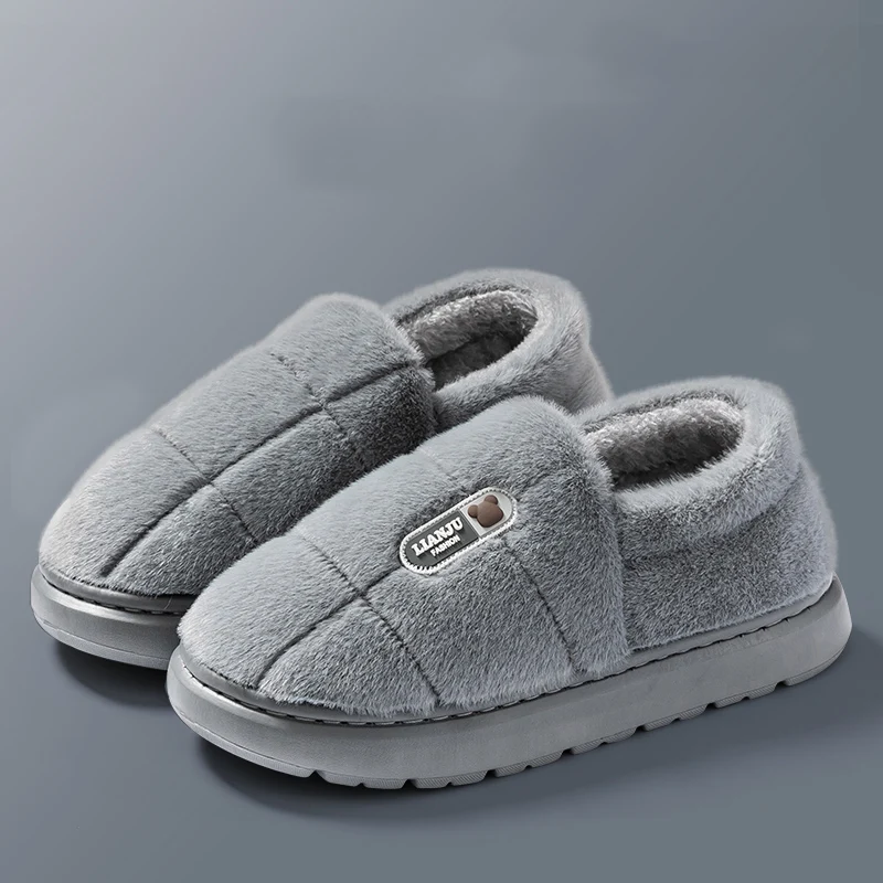 Color: WHITE, Shoe Size: 46-47 - Men's slippers Winter Solid Color Wrap Heels Plush Slippers Non-slip Warm Women Men Home Casual Cotton Shoes Big Size 50 51