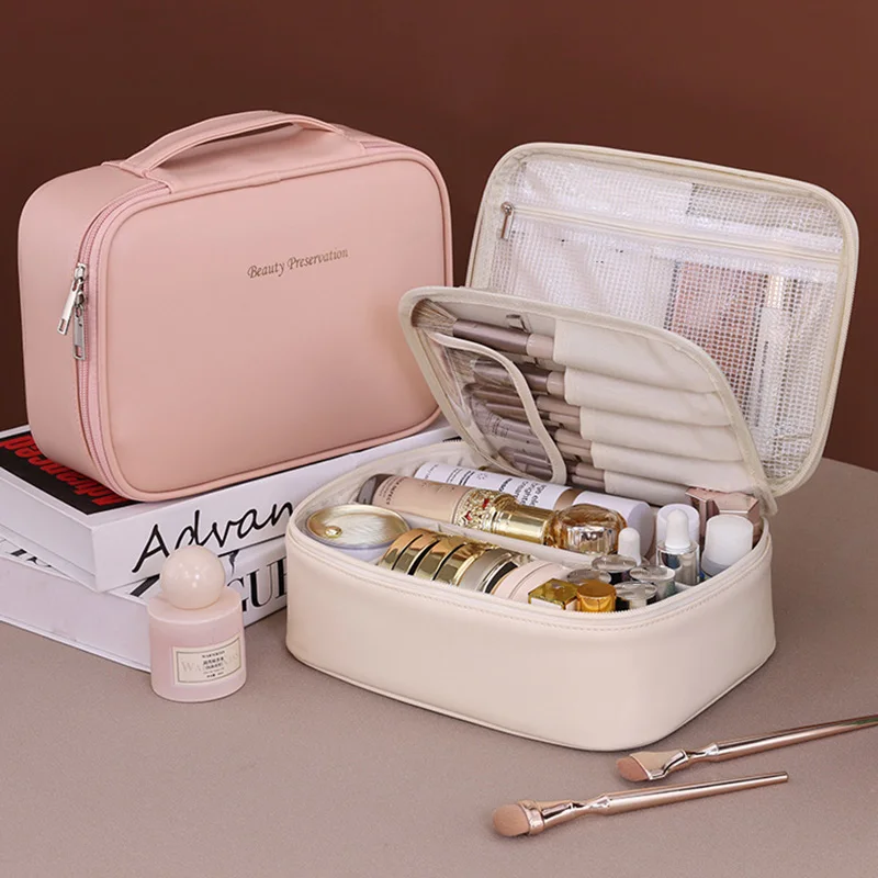Color: Pink - PU Large Capacity Tote Makeup Bag Portable Travel Organizer Tolietry Cosmetic Storage Bag Luxury Women Double Layer Pouch