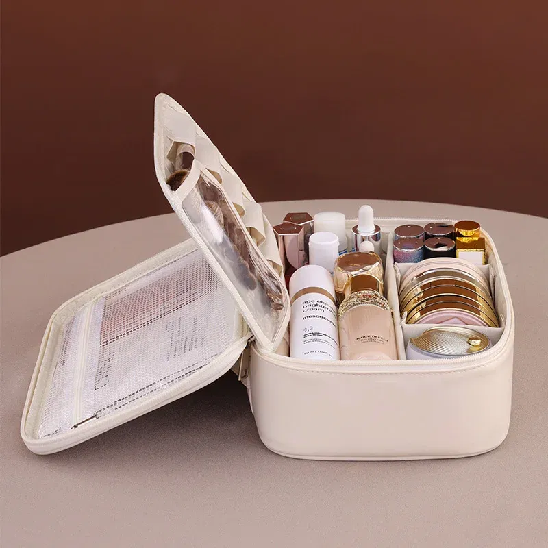 Color: Pink - PU Large Capacity Tote Makeup Bag Portable Travel Organizer Tolietry Cosmetic Storage Bag Luxury Women Double Layer Pouch