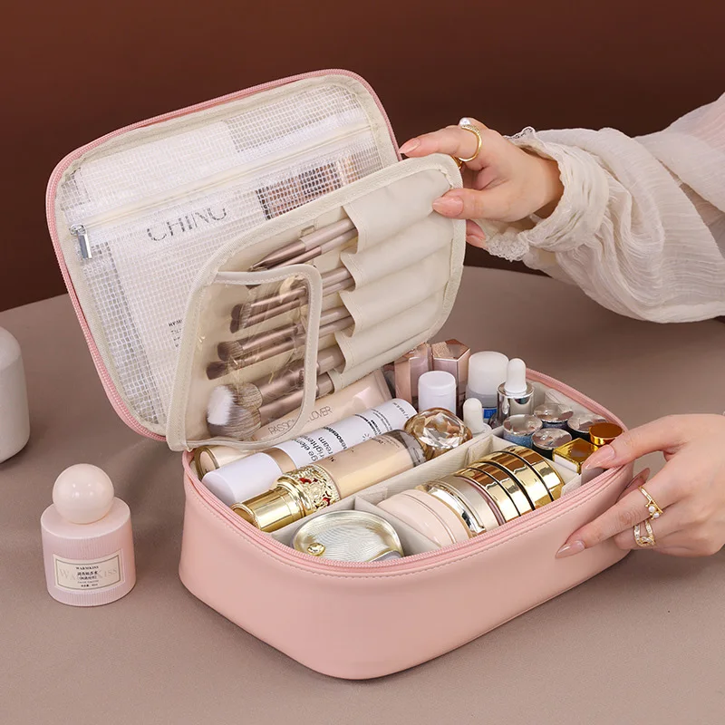 Color: Pink - PU Large Capacity Tote Makeup Bag Portable Travel Organizer Tolietry Cosmetic Storage Bag Luxury Women Double Layer Pouch