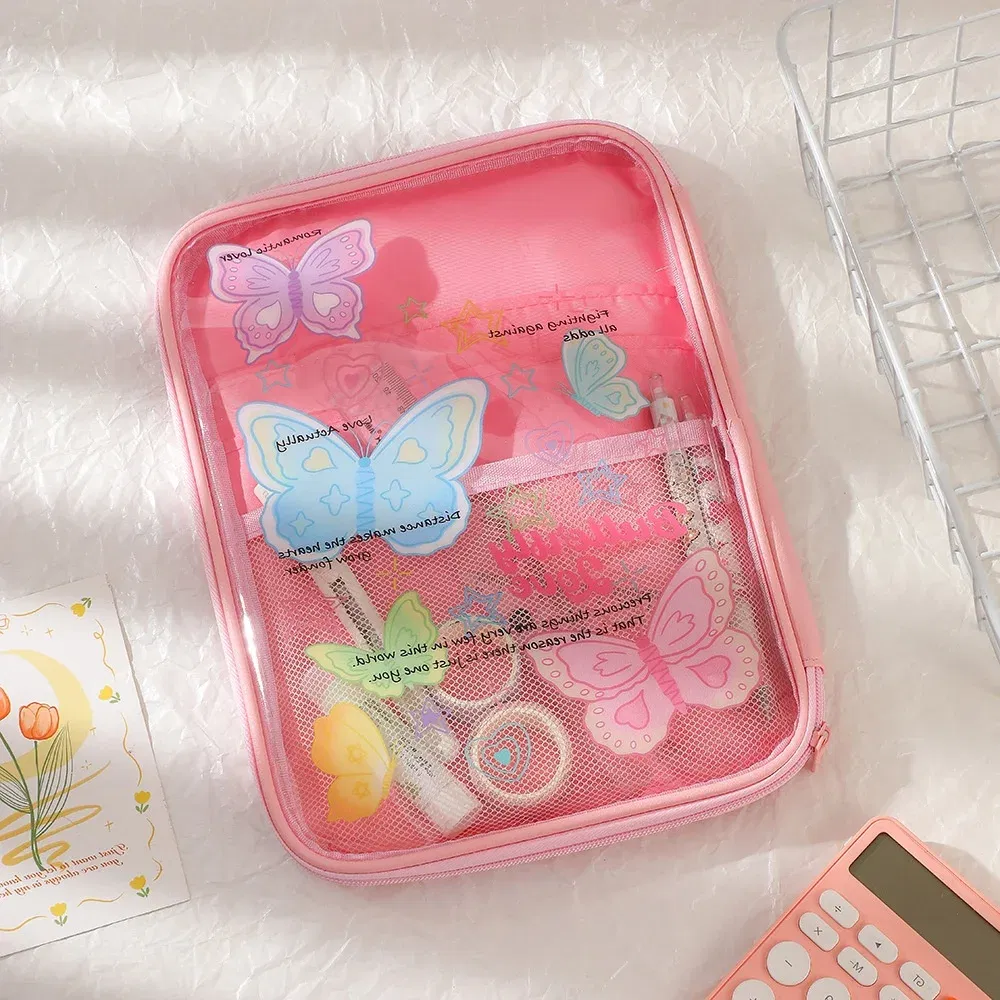 Color: Blue - Cartoon PVC Stationary Organzier Pouch Big Capacity Storage Pens Eraser Students Pencil Bags