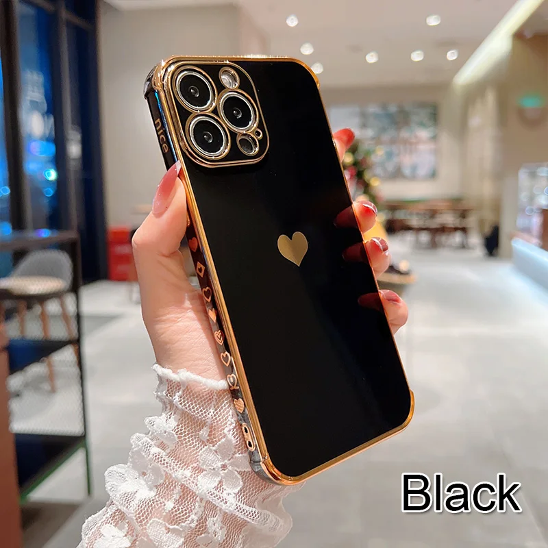 Color: black, Ships From: CN, Material: Silicon - Electroplating Side Love Heart Phone Case For IPhone 16 15 14 13 12 11 Pro Max XR 8 Plus SE2/SE3 Shockproof Back Cover