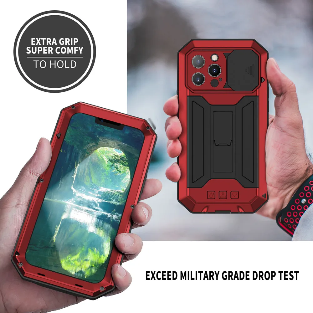 Color: Red, Material: Polyester - Heavy Duty Metal Aluminum Case For iPhone 14 13 15 Pro Max Military Grade Shockproof Bumpers Armor Kickstand Camera Slider Cases