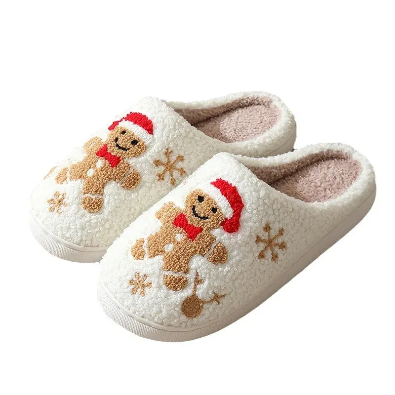 Shoe Size: 44-45, Color: Straw - Cute Gingerbread Winter Warm Christmas Women Slippers Slides Couple Houseshoes Men Bedroom Flat Soft Sole Home Shoes for Gift