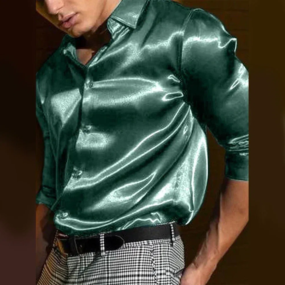 Color: green, Size: L, Ships From: CHINA - Casual Men's Satin Silk Dress Shirts Long Sleeve Social Single Breasted Button Turn-Down Collar Shirts Wedding Party Men Clothes