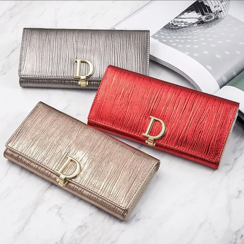 Color: GRAY - 2025 Design Women Long Wallets Fashion Long Phone Purse Luxury Genuine Leather Ladies Card Holder Stripe Wallet Cartera De Mujer