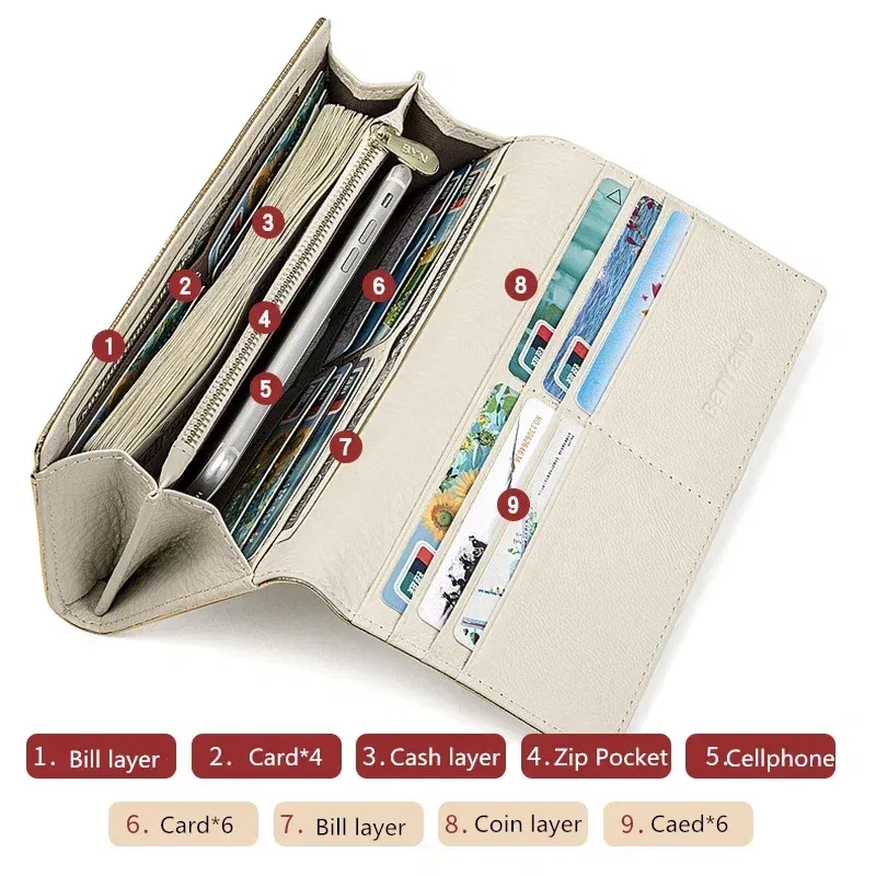Color: GRAY - 2025 Design Women Long Wallets Fashion Long Phone Purse Luxury Genuine Leather Ladies Card Holder Stripe Wallet Cartera De Mujer
