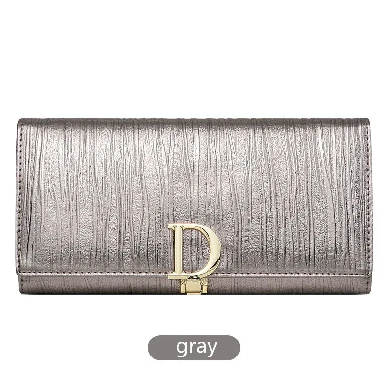 Color: GRAY - 2025 Design Women Long Wallets Fashion Long Phone Purse Luxury Genuine Leather Ladies Card Holder Stripe Wallet Cartera De Mujer