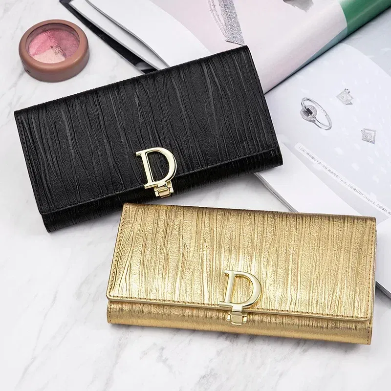 Color: GRAY - 2025 Design Women Long Wallets Fashion Long Phone Purse Luxury Genuine Leather Ladies Card Holder Stripe Wallet Cartera De Mujer