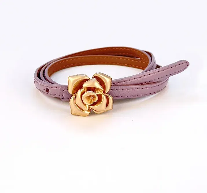 Color: Light purple, Belt Length: 105CM - 1.0cm New Unique Rose Genuine Leather Gold Belt Women Fashion Cowskin Flower Thin Belts Female Jeans Dress Waistband