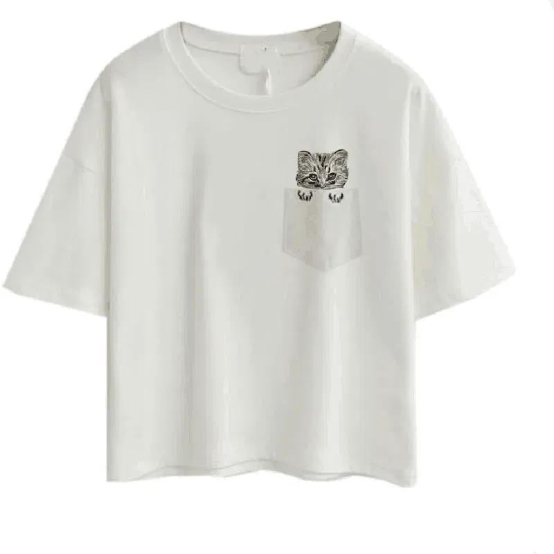 Color: green, Size: XL, Ships From: CHINA - 2021 Summer Cotton Short Sleeved Crop Top T-shirt Femme Embroidered Cat T Shirts Cartoon Women Fashion Cactus Top Tee T Shirt