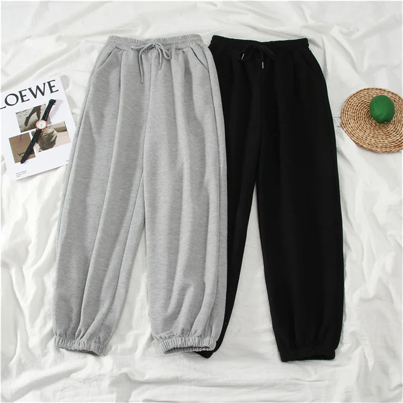 Color: black, Size: L - Gray women Sweatpants Autumn New Baggy Fashion Oversize Sports Pants Black winter thick Joggers Streetwear Trousers