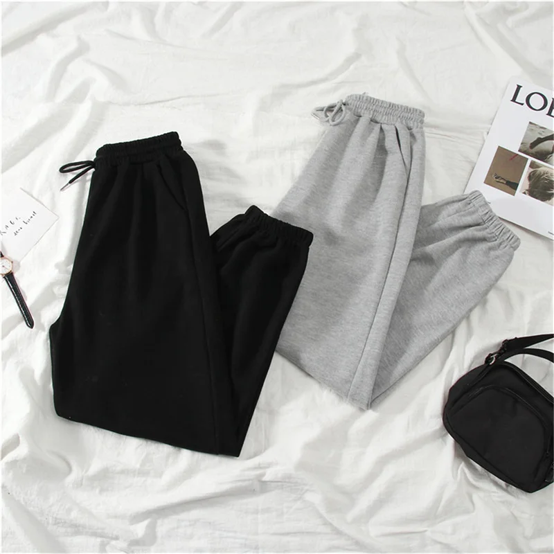 Color: black, Size: L - Gray women Sweatpants Autumn New Baggy Fashion Oversize Sports Pants Black winter thick Joggers Streetwear Trousers