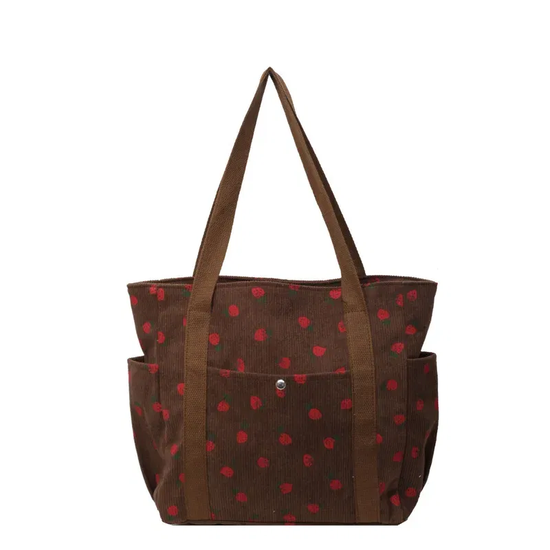 Color: SKY BLUE - Strawberries Corduroy Handbag Sweet Women's Bag Fashionable Versatile Shoulder Bag Beautiful Simple Commuter Women's Tote Bags